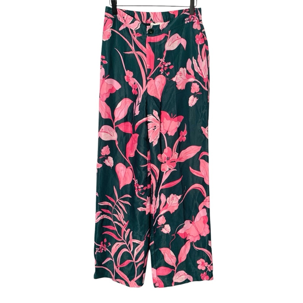 Anthropologie Size 6 Wide Leg Green Pink Silky Vacation Resort Tropical Pants